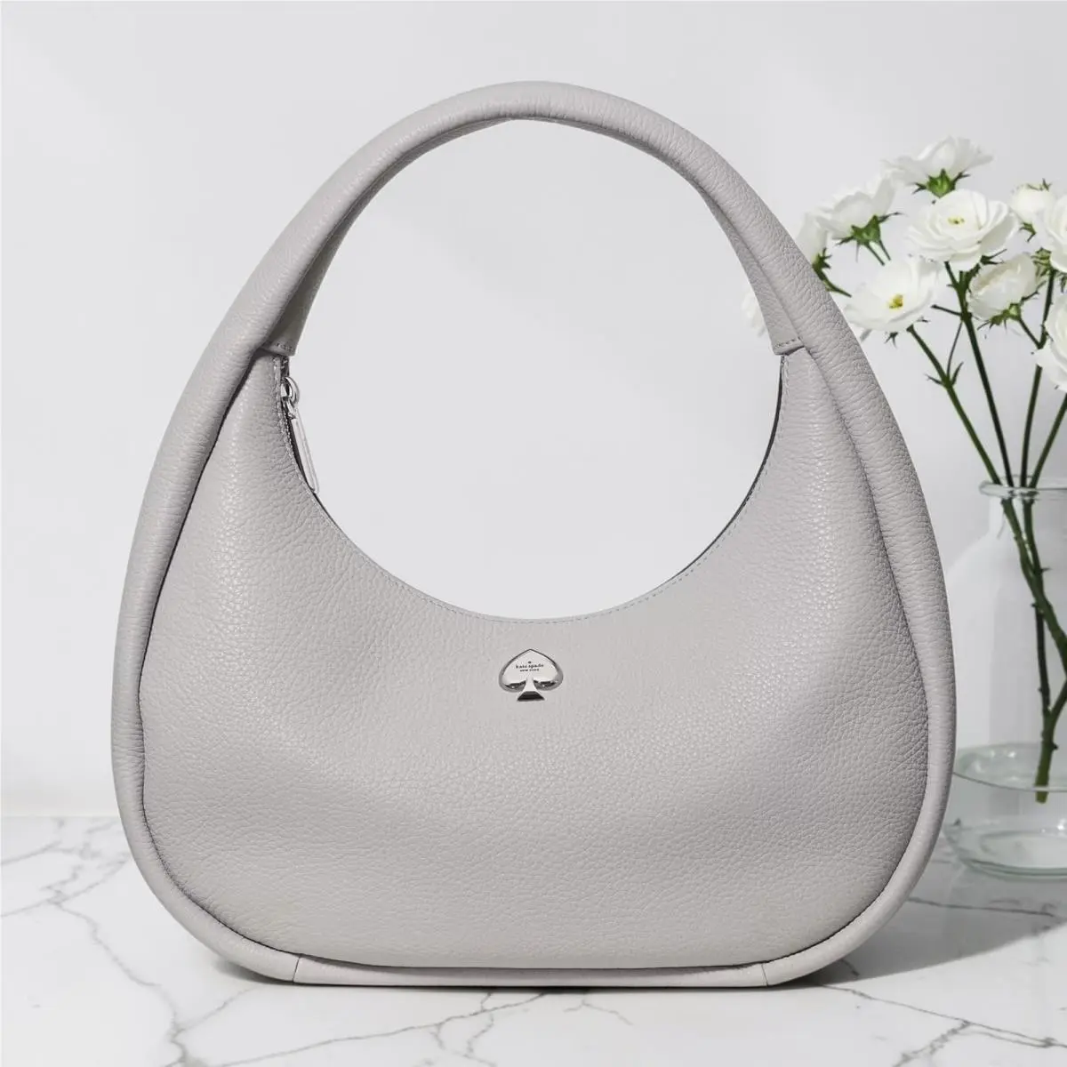 Kate Spade Kayla Crescent Shoulder Bag Leather Platinum Grey KK054