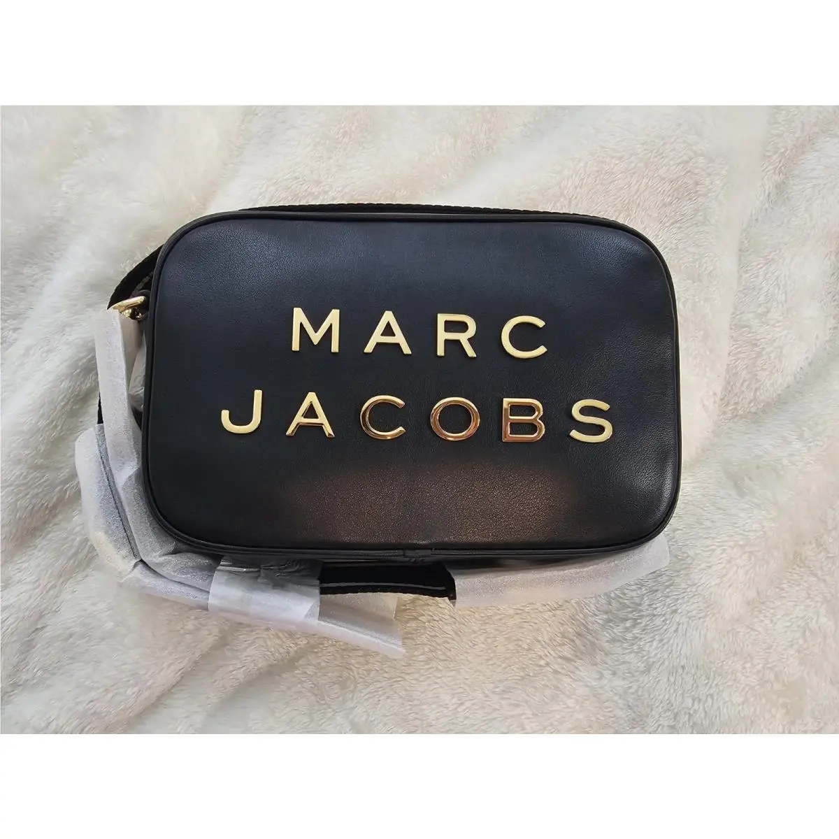 Marc Jacobs Flash Leather Camera Crossbody Bag Black Gold Logo