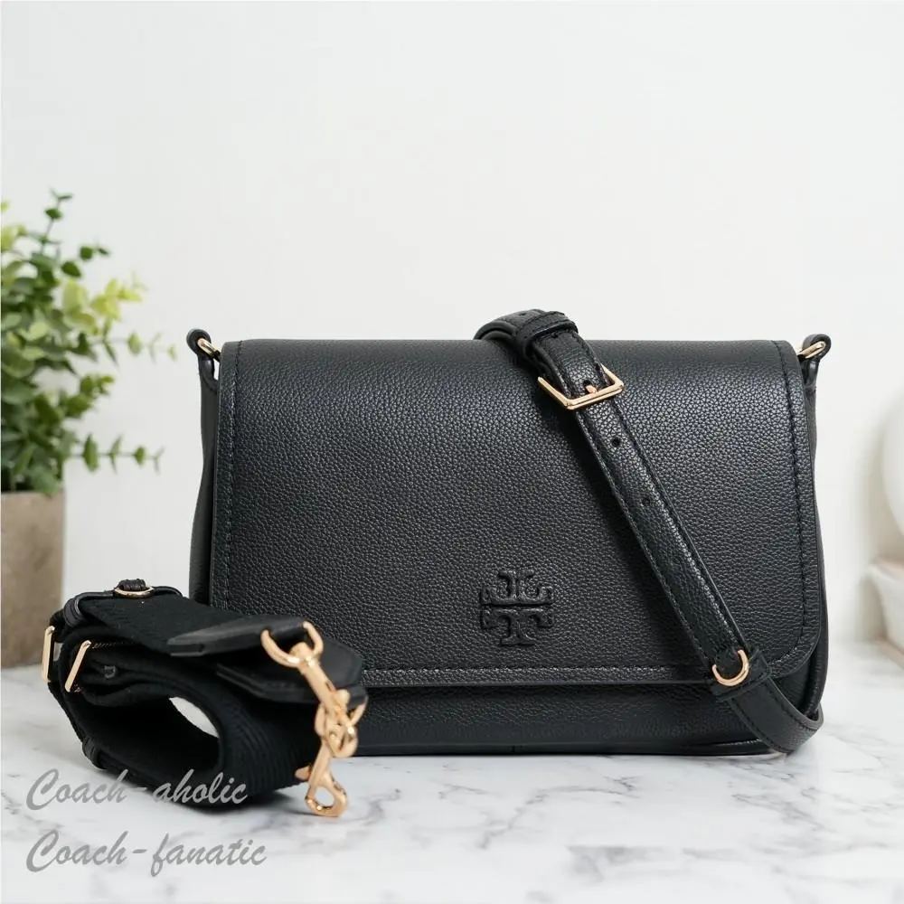 Thea Leather Flap Crossbody Shoulder Bag Black by Tory Burch
