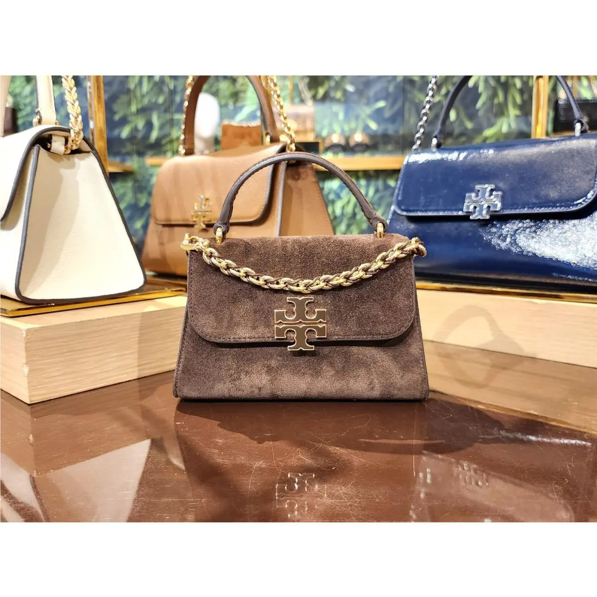 Tory Burch Dark Cocoa Brown Suede Mini Top Handle Bag Chain Crossbody 180104