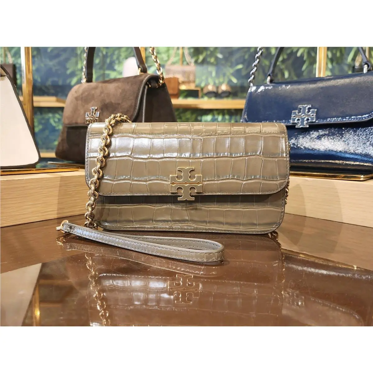 Tory Burch Britten Croc Embossed Leather Crossbody Bag Clutch Wristlet 181999