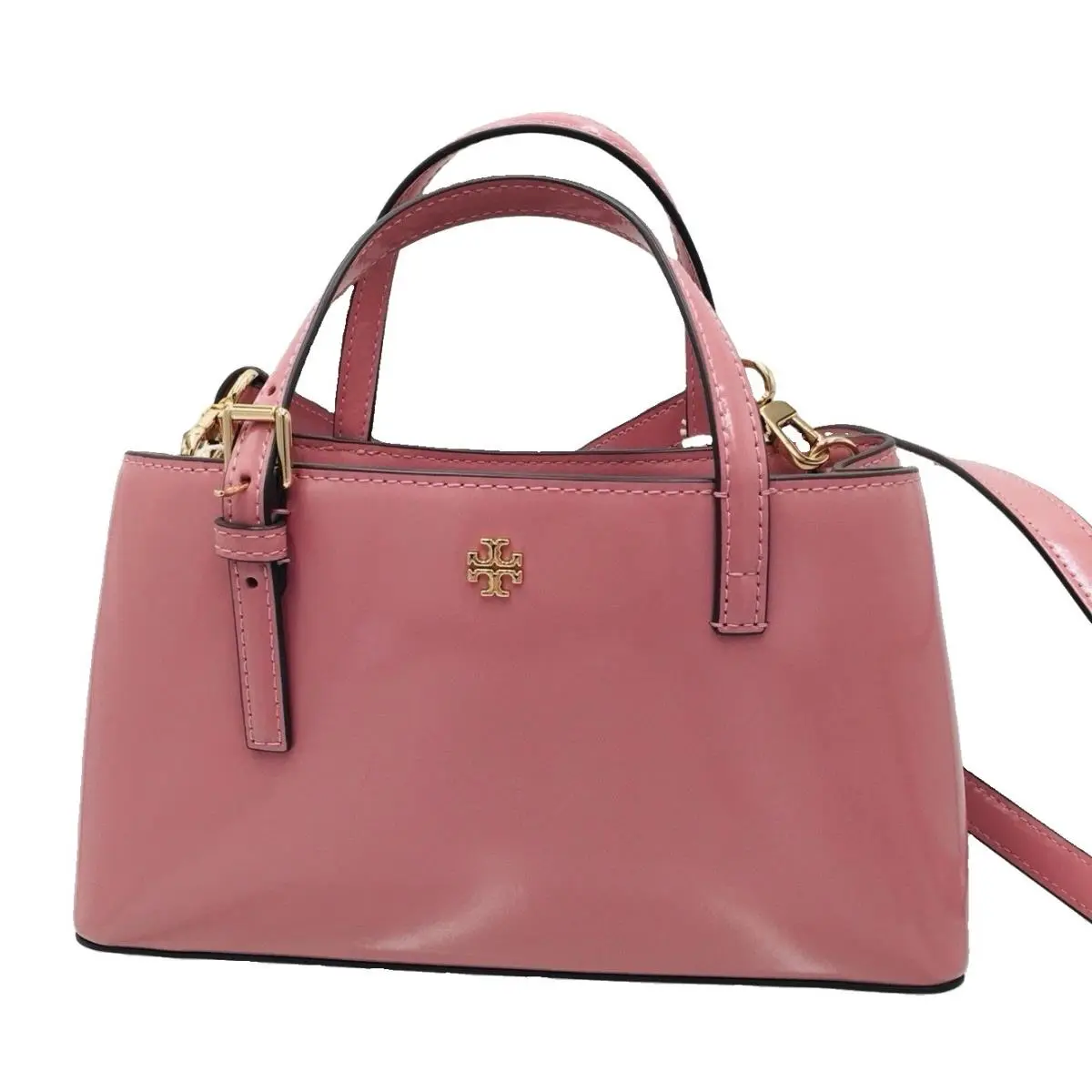 Tory Burch Emerson Patent Mini Tote Crossbody Pink Ginger Bag Shinny Leather