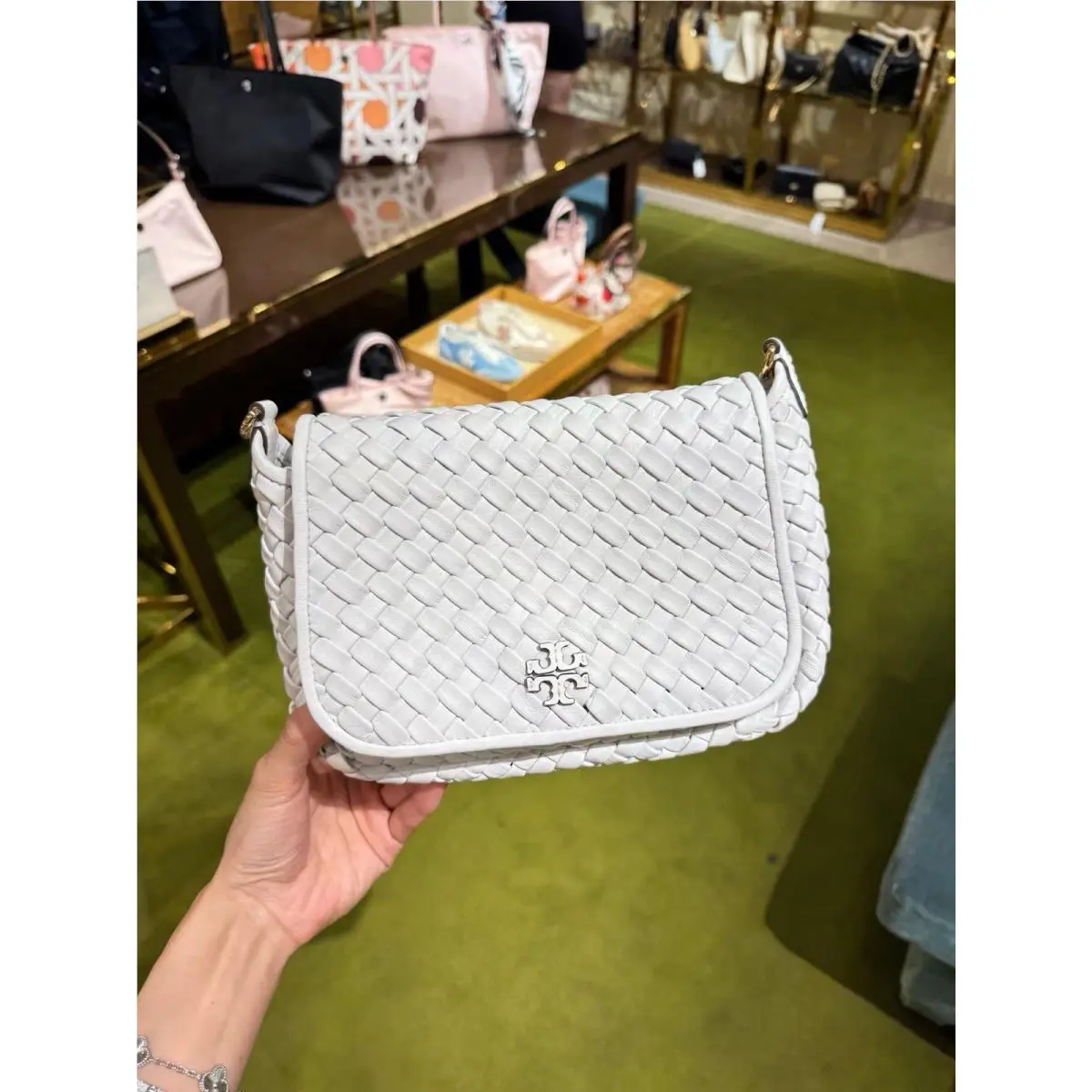Tory Burch Thea Woven Leather Flap Crossbody in White
