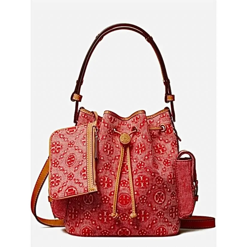 Tory Burch T Monogram Denim Bucket Bag IN Brillant Red
