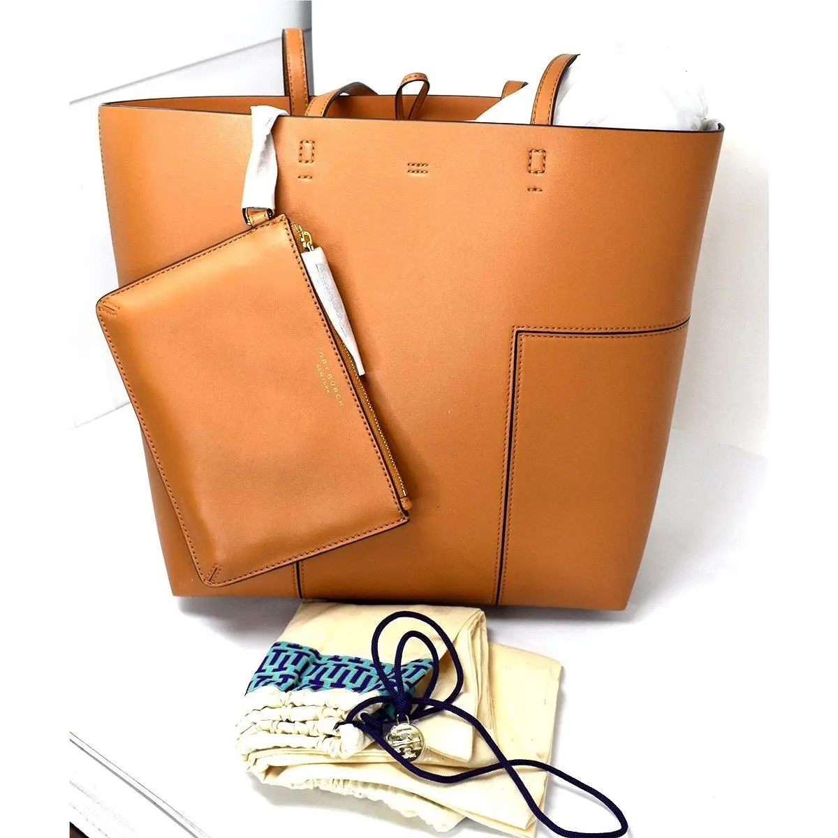 Tory Burch Block-t British Tan Smooth Leather Tall Shoulder Tote Bag