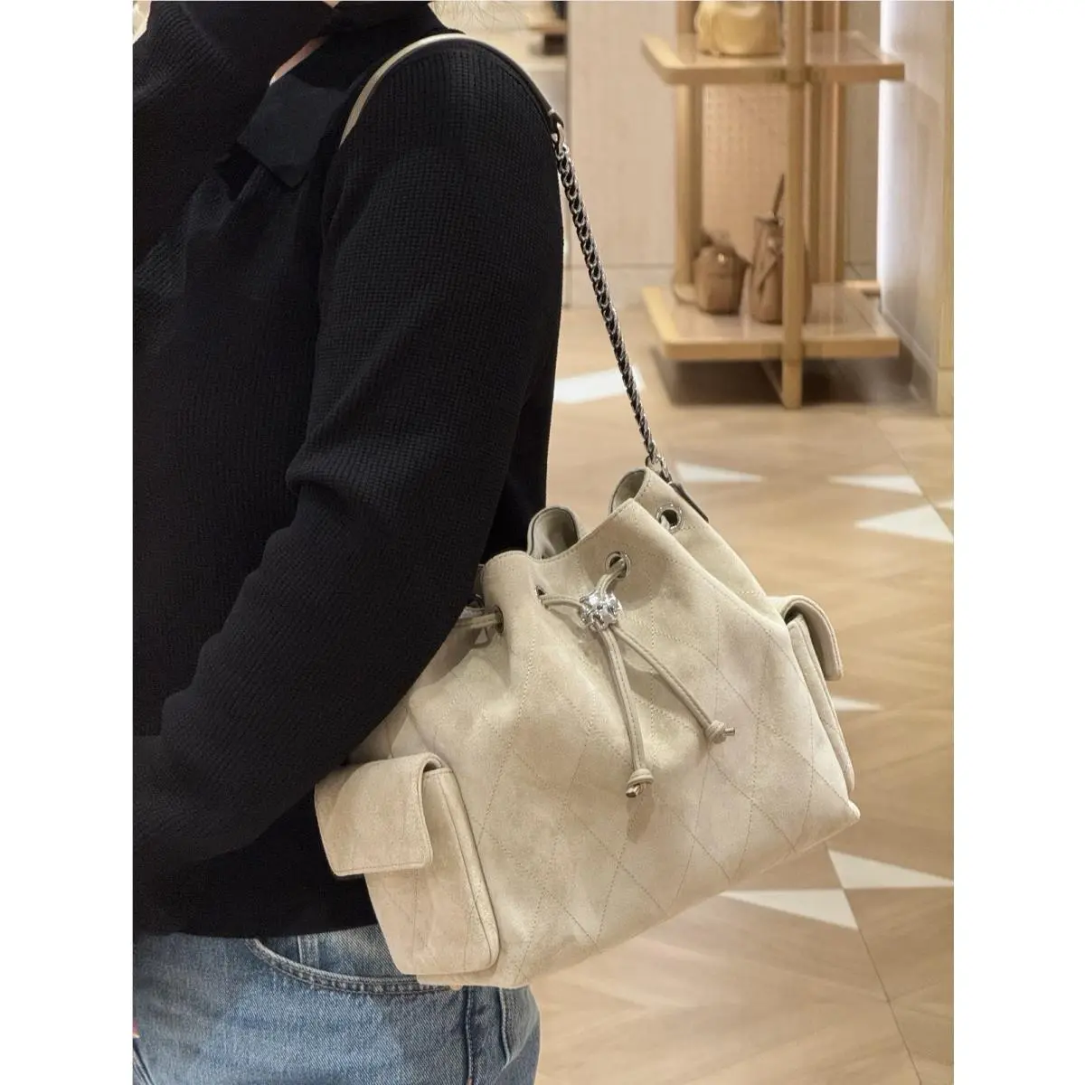 Tory Burch Charlie Quilted Suede Drawstring Shoulder Bag Soft Cement