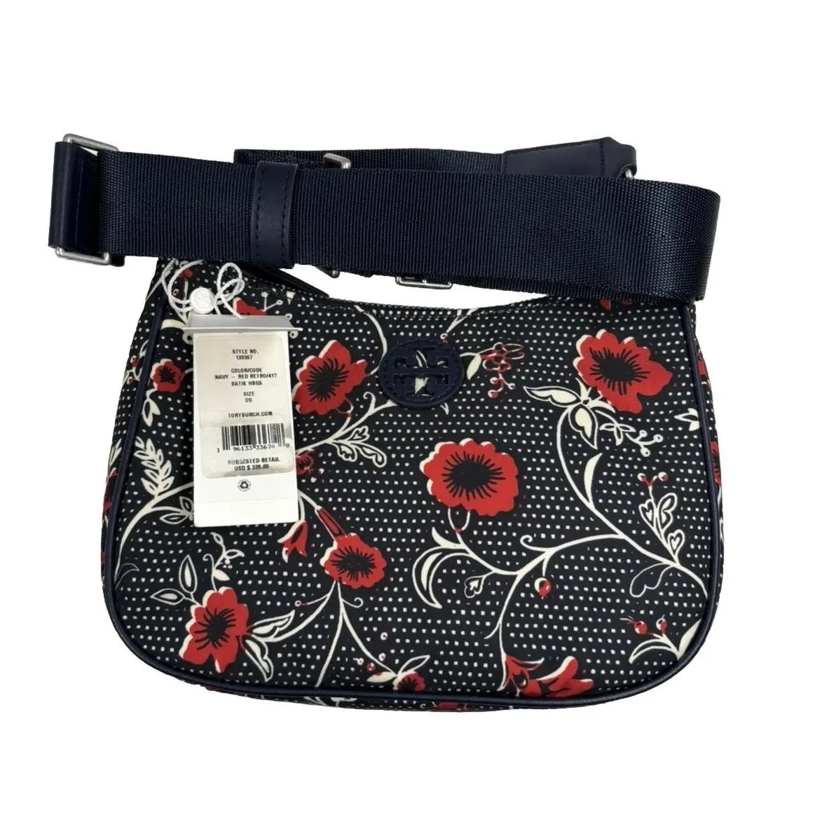 Tory Burch Nylon Printed Convertible Shoulder Crossbody Bag Navy Red Floral