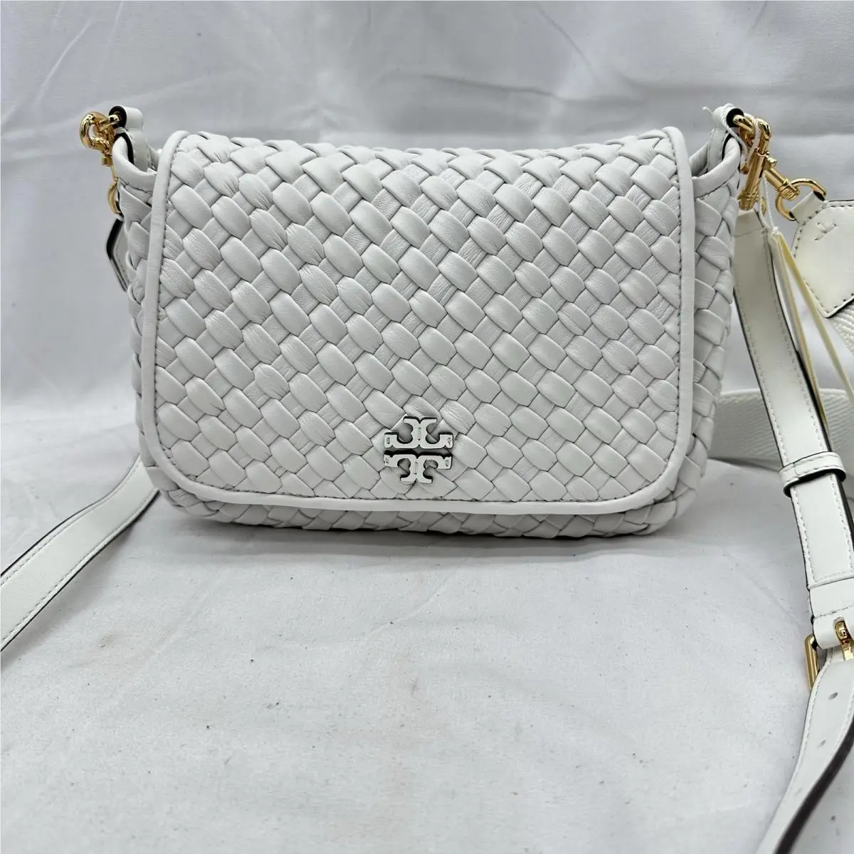 Tory Burch Womens Thea Flap Crossbody Woven Leather 176008 White