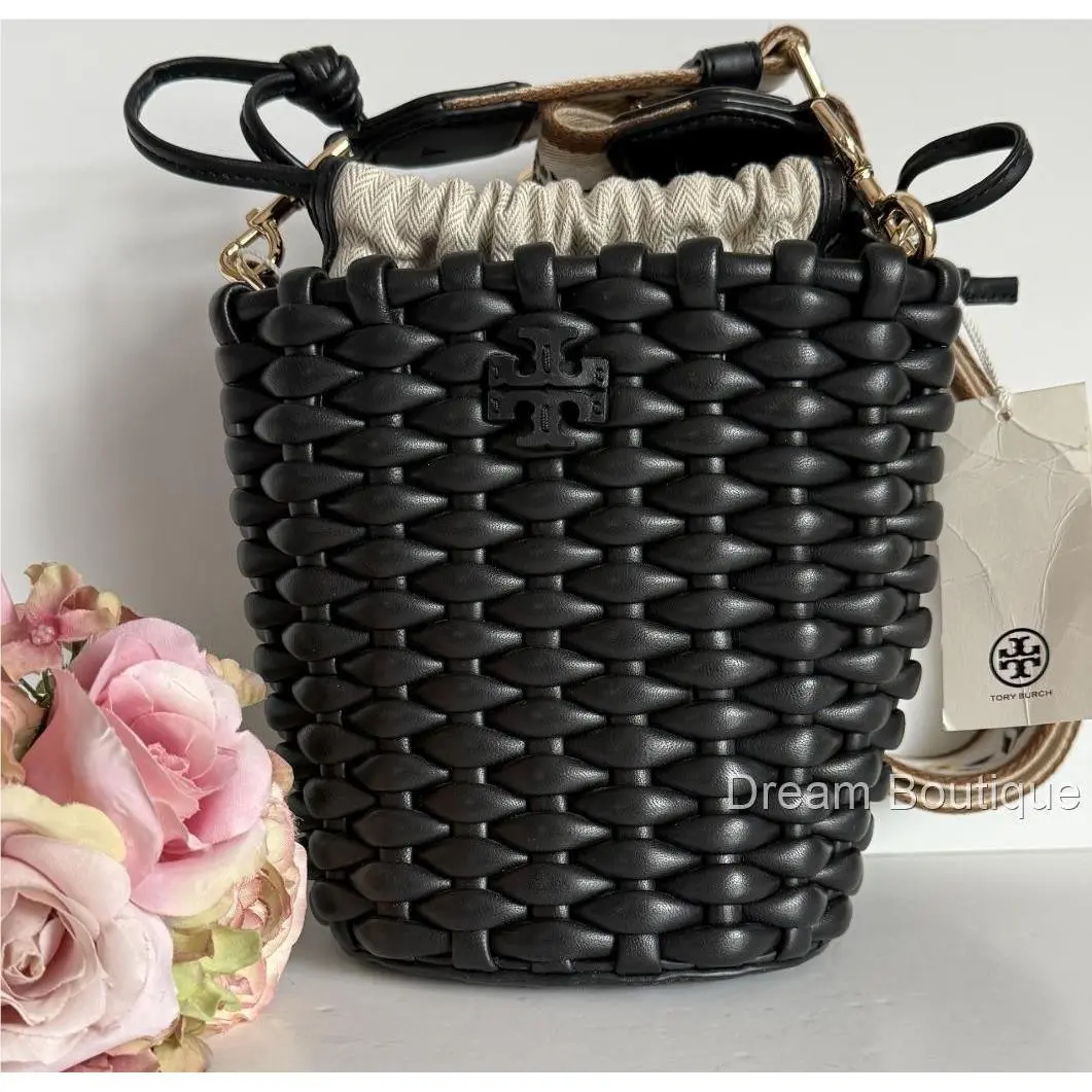 Tory Burch Emerson Mini Bucket Bag Black Woven Leather