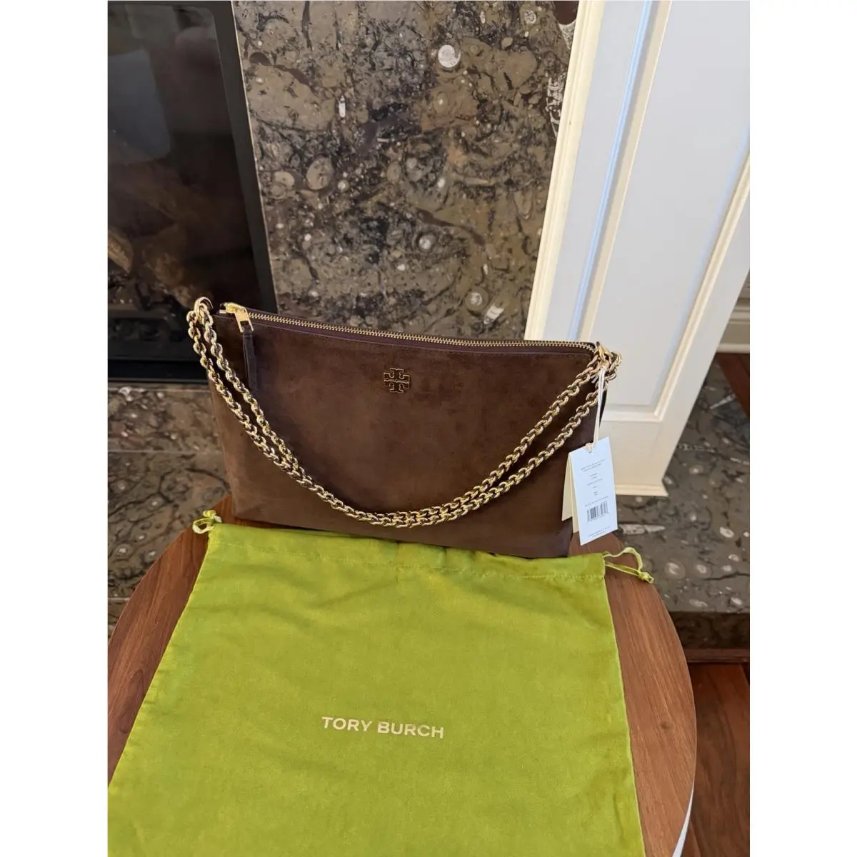 Tory Burch Britten Suede Zip Shoulder Bag Dark Cocoa
