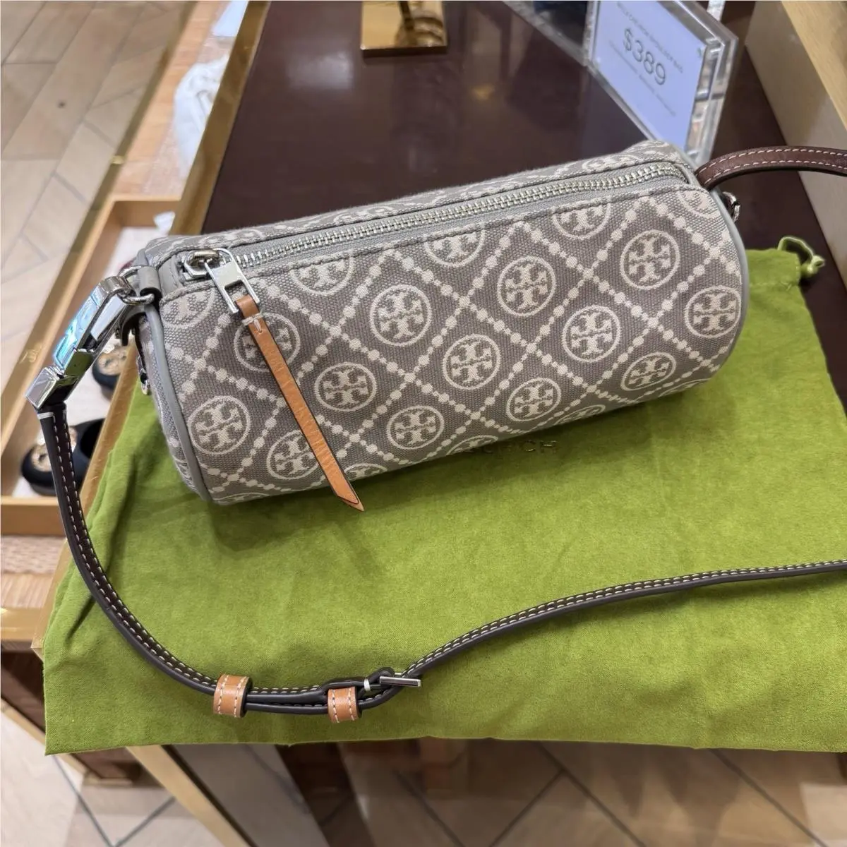 Tory Burch T Monogram Cylinder Shoulder Crossbody Bag Gray Jacquard 178212