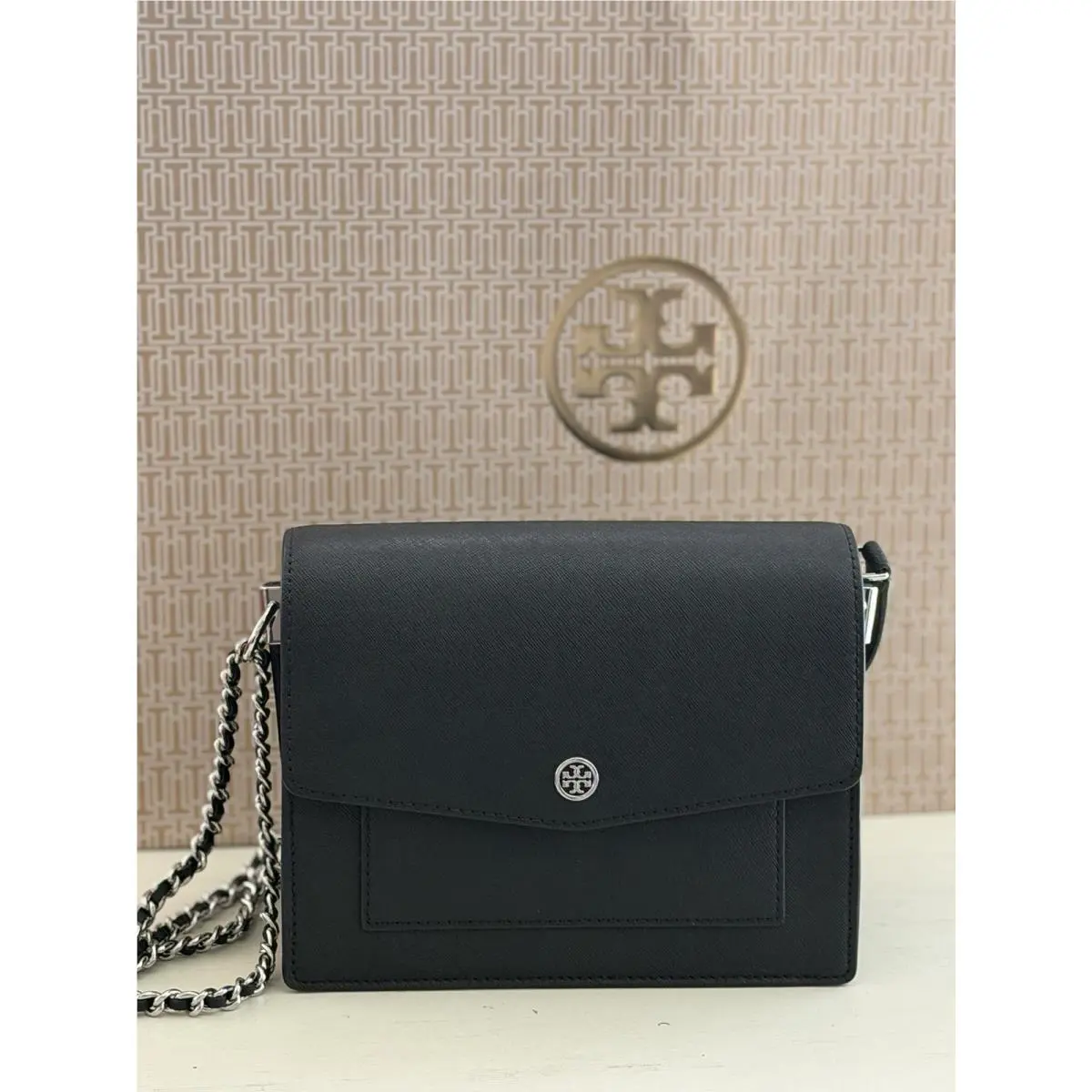 Tory Burch Robinson Convertible Shoulder Bag Black Silver Logo