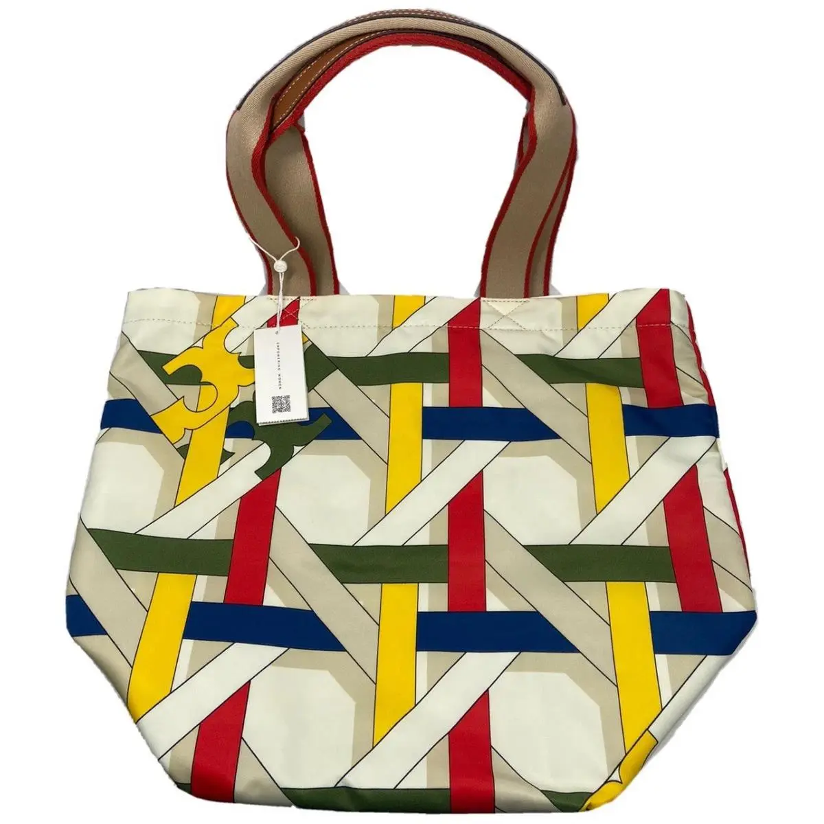 Tory Burch Gracie Printed Tote Bag French Cream Basketweave Multicolor