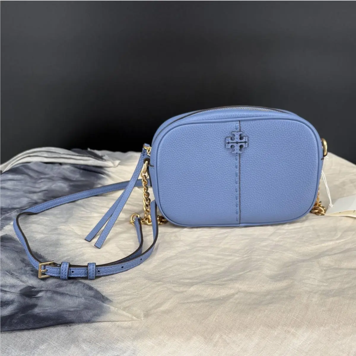 Tory Burch Mcgraw Camera Bag Bluewood Pebbled Leather Crossbody