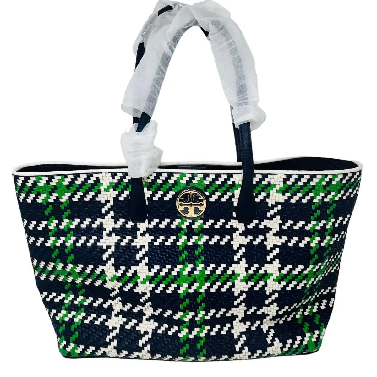 Tory Burch Woven Leather Large Tote Bag Blue Green White Preppy Nautical Travel