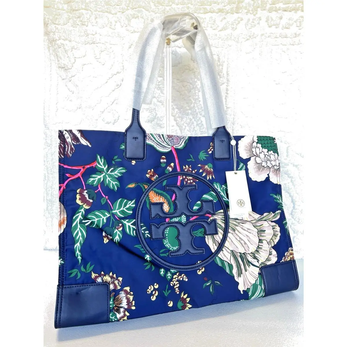 Tory Burch Navy Blue `ella` Printed Tote `happy Times`