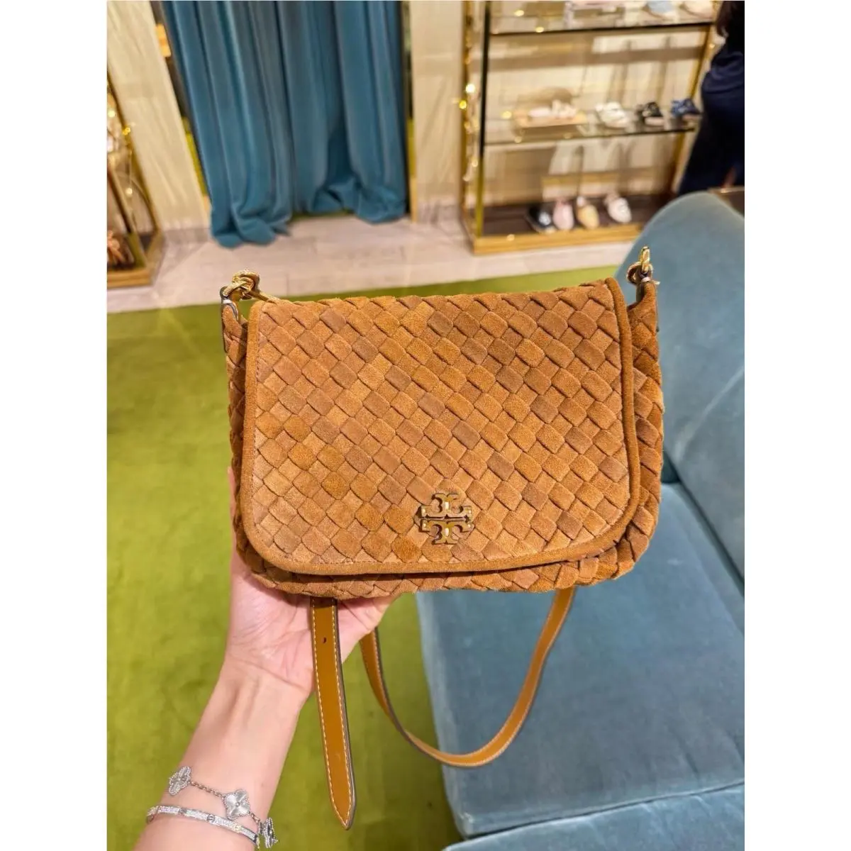 Tory Burch Thea Woven Suede Flap Crossbody in Chicroy Brown
