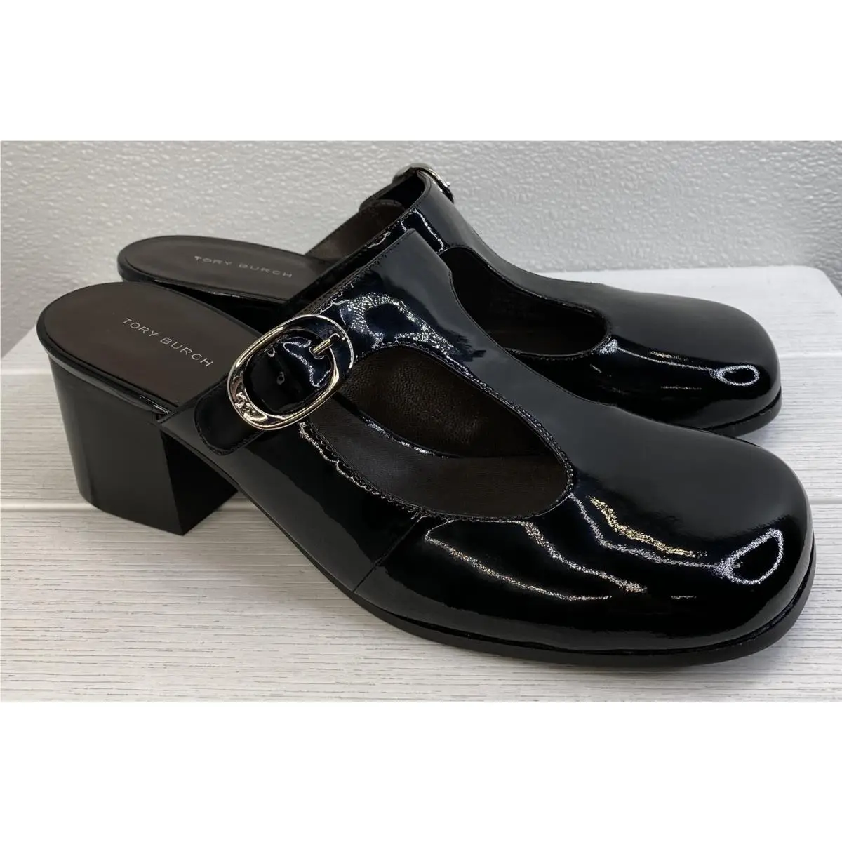 Tory Burch Violet 55mm Heeled Mules Womens Size 10 Black Patent Leather T-strap