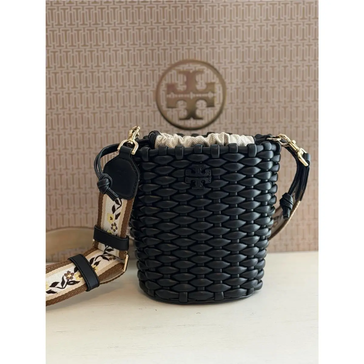Tory Burch Emerson Woven Mini Bucket Bag in Black 160648