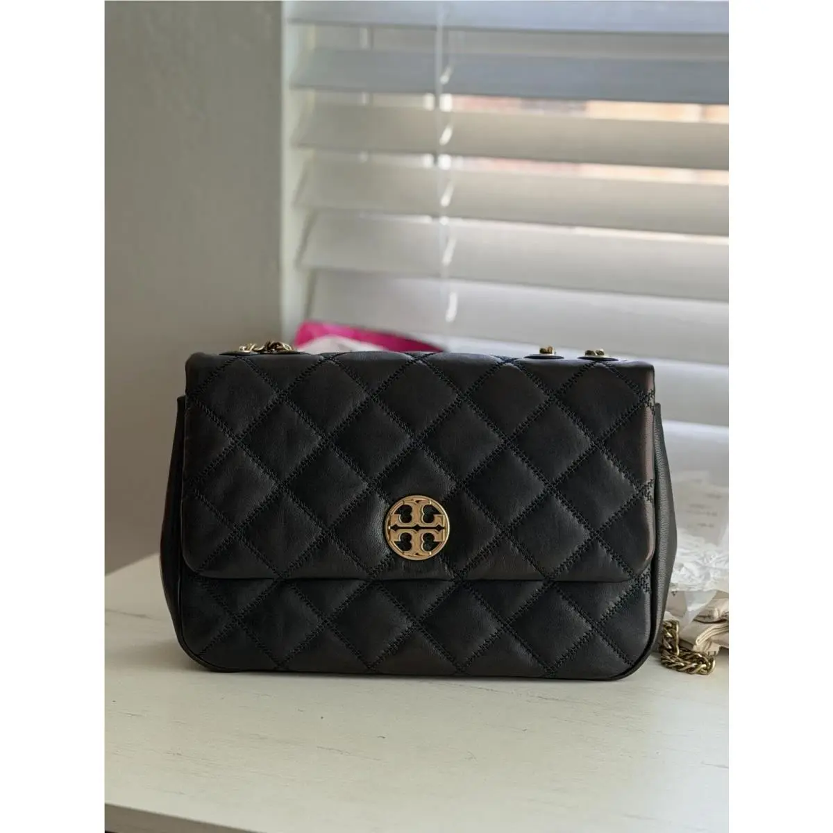 Tory Burch 148244 Willa Flap Adjustable Shoulder Bag Quilted Leather Black
