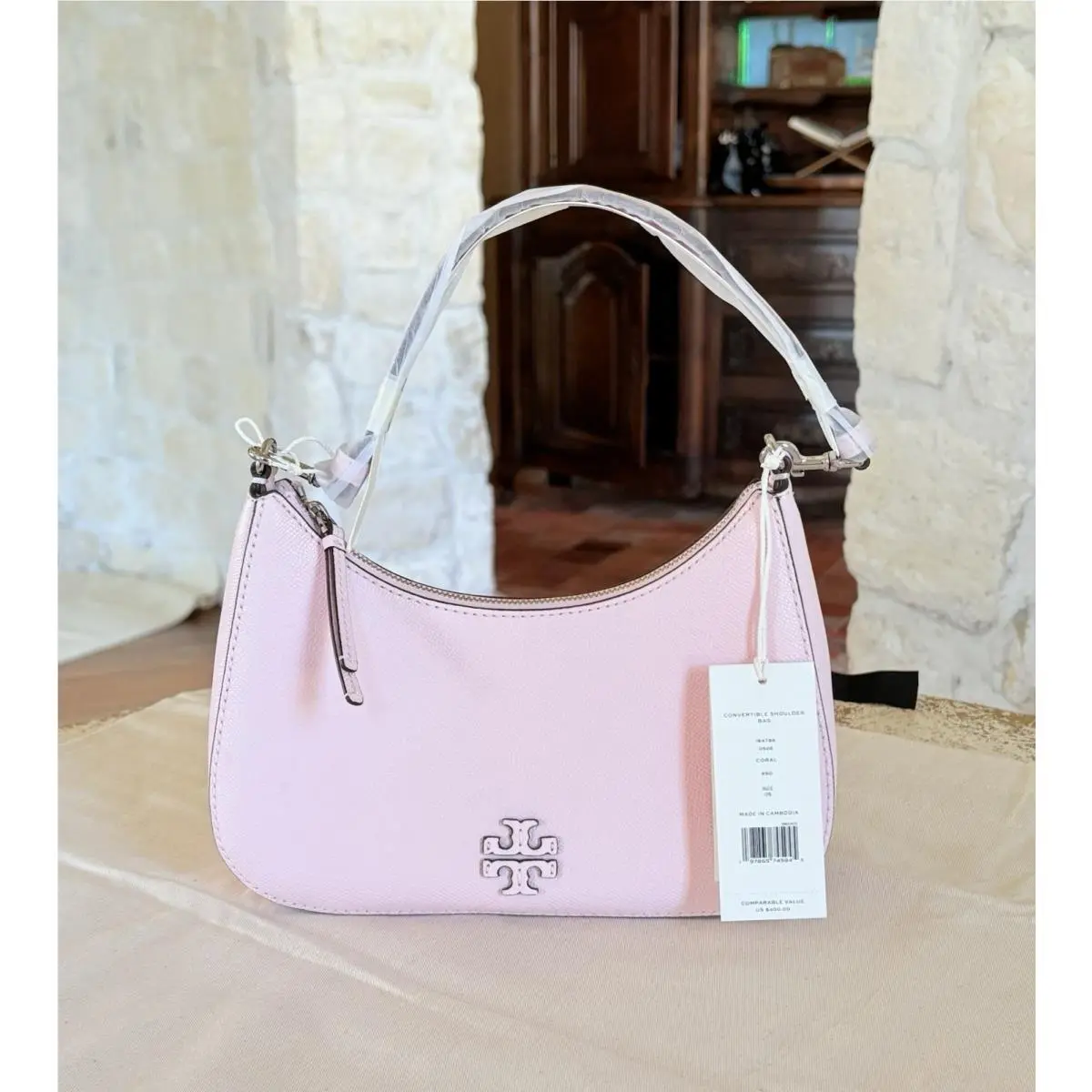 Tory Burch Convertible Shoulder Bag 184786 Pink Saffiano Embossed Leather