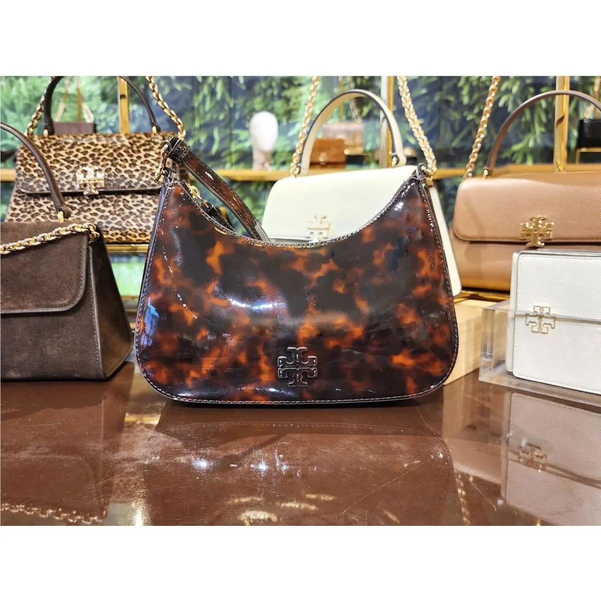 Limited Tory Burch Tortoise Patent Leather Convertible Shoulder Bag Purse 188229