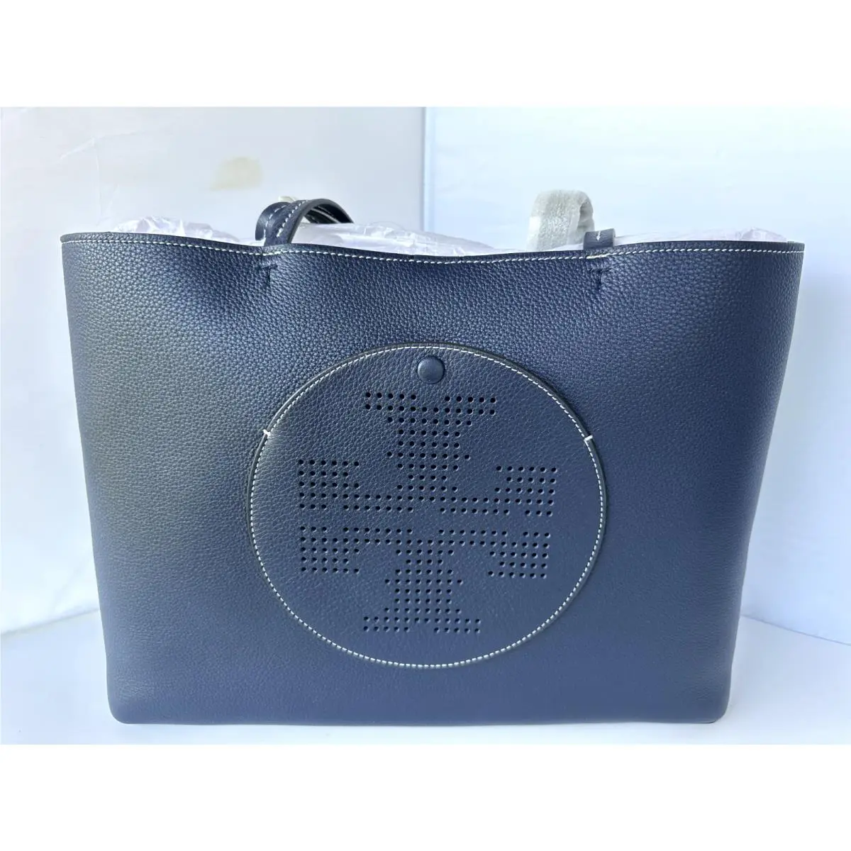 Tory Burch Women`s Tote Blue Bag Logo Shoulder Handbag Leather