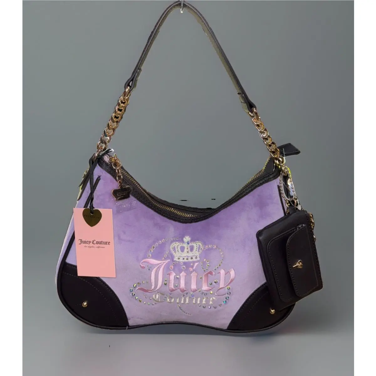 Juicy Couture Dreamy Juicy Shoulder Bag Lavender Chocolate Velour Rhinestone