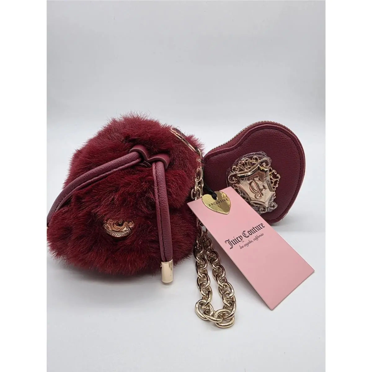 Juicy Couture Cranberry Pouch Coins Bag Gold Keyfob Fur Charm Bag