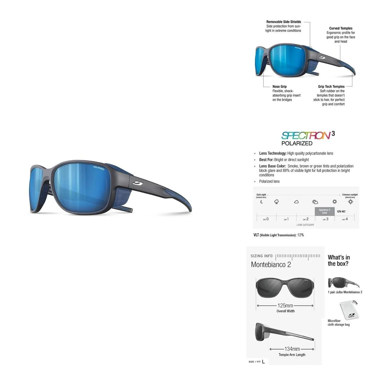 Julbo Montebianco 2 Mountain Sunglasses - Black/blue/white Frame - Blue Lens