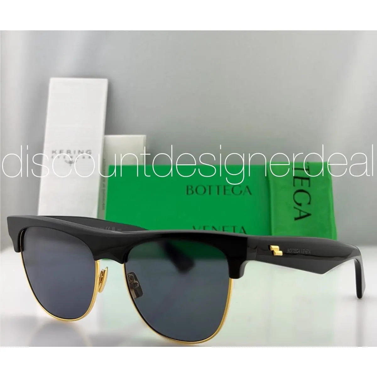 Bottega Veneta BV1003S 001 Square Sunglasses Black Gold Grey Lenses 55mm