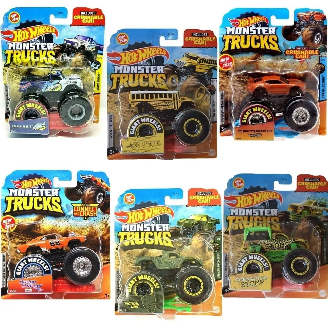 Hot Wheels Monster Trucks Crushable Car Set of 6 with Bigfoot Charger Camaro