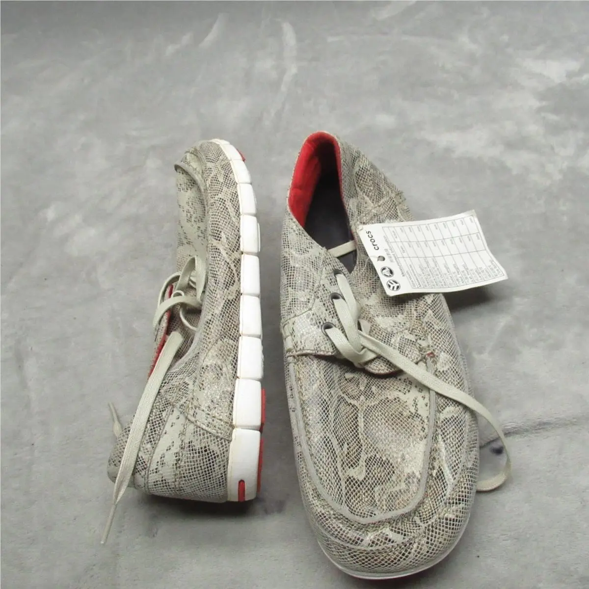 Crocs Mens 11 Boat Shoes White Snakeskin Print Lace Up Casual Loafers Rare
