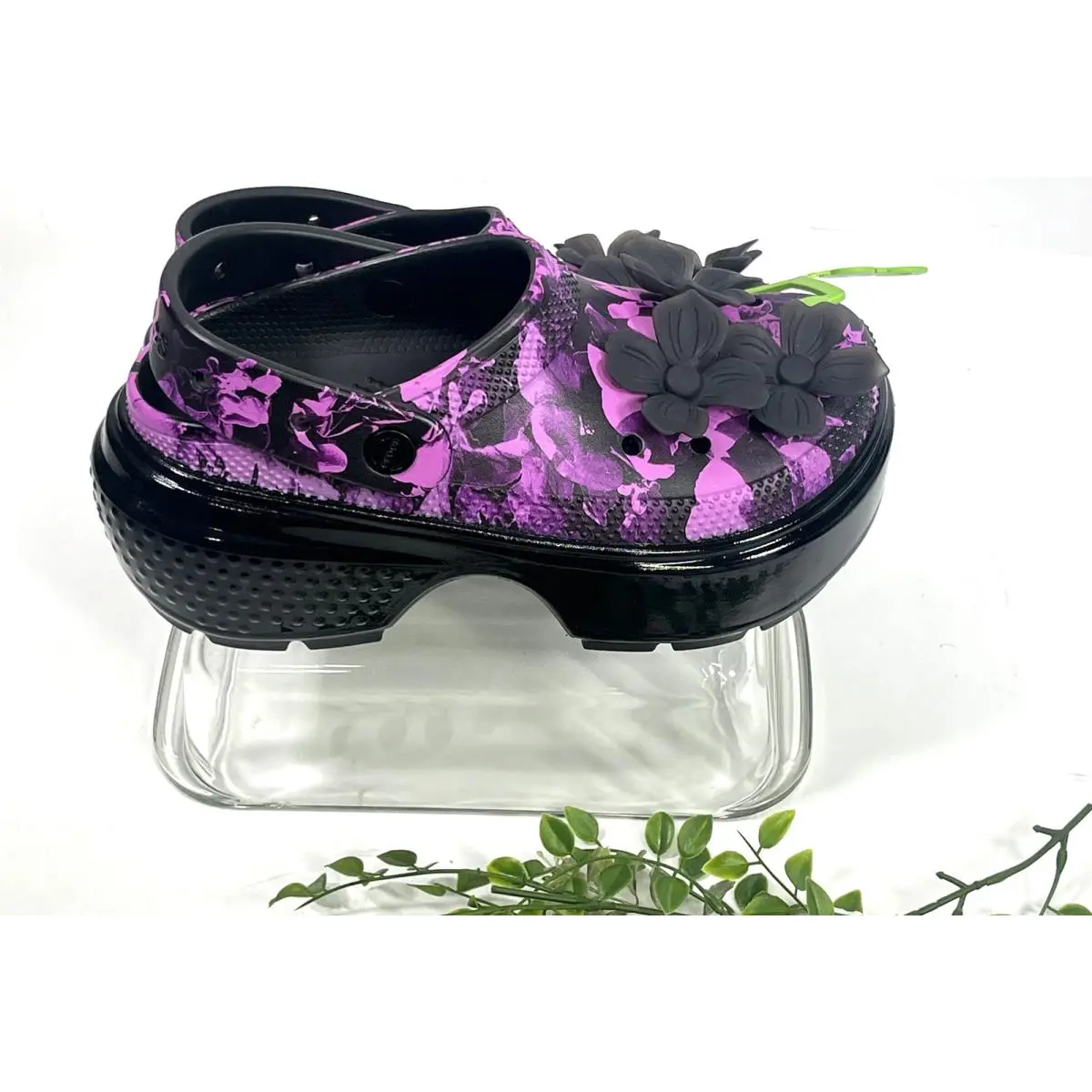 Crocs Black Purple Hyper Floral Platform Stomp Clog Shoes Womens 7 Mens 5