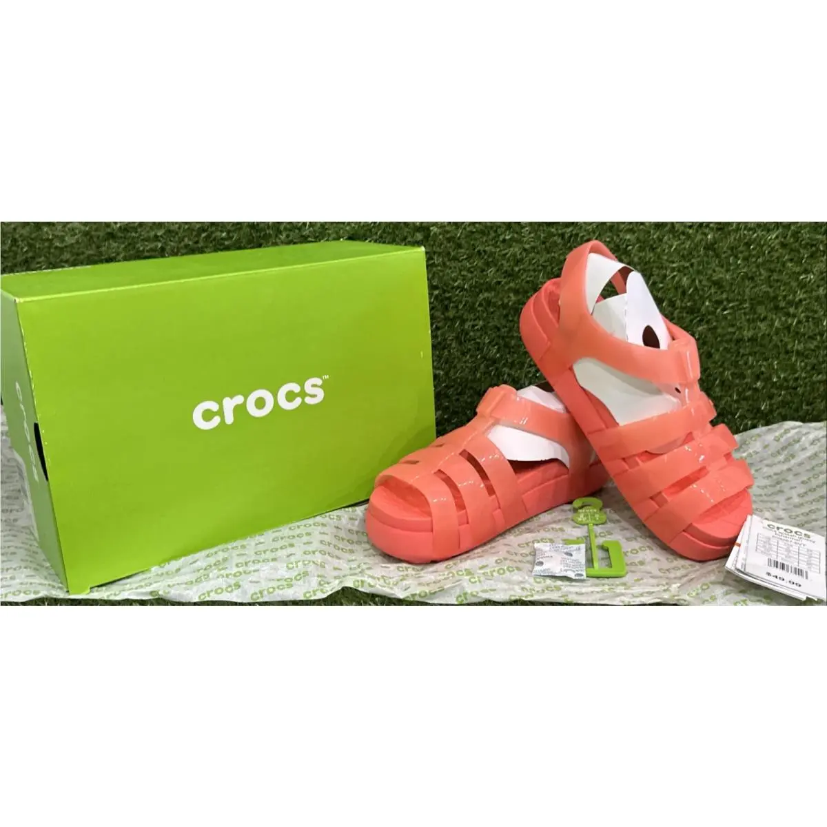 Nwob Crocs Women`s Neon Watermelon Glossy Splash Fisherman Sandals Size 6