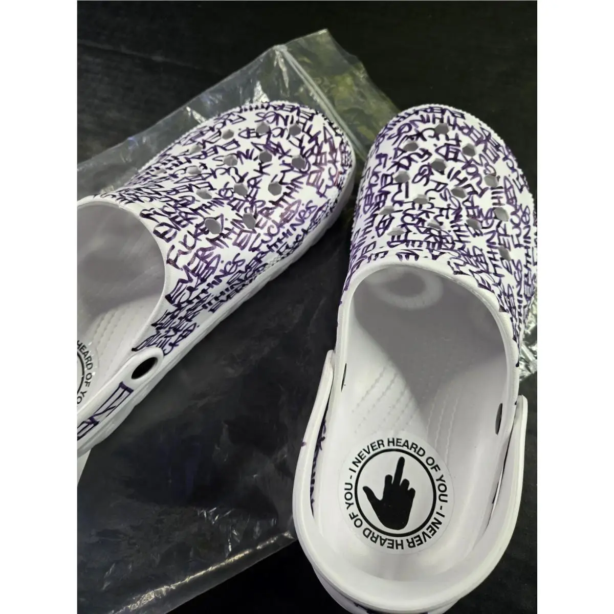 I`ve Never Heard If You Hand Painted Graffiti `everythings F×××` Crocs Sz 10M