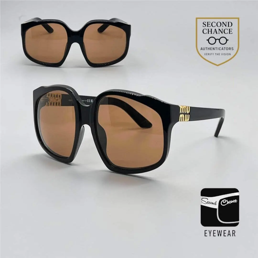 Miu Miu MU A07S Black Gold Logo Oversized Sunglasses Brown Lens Full Kit