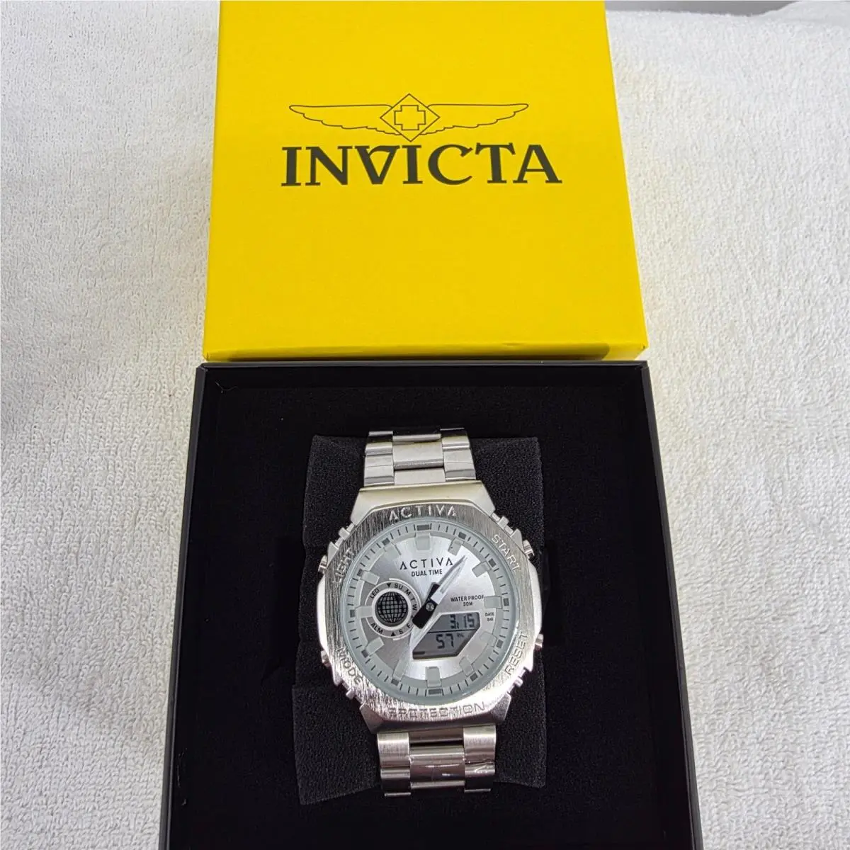 Invicta Activa Dual Time Mens Watch Silver Octagon Case Stainless Steel 40049