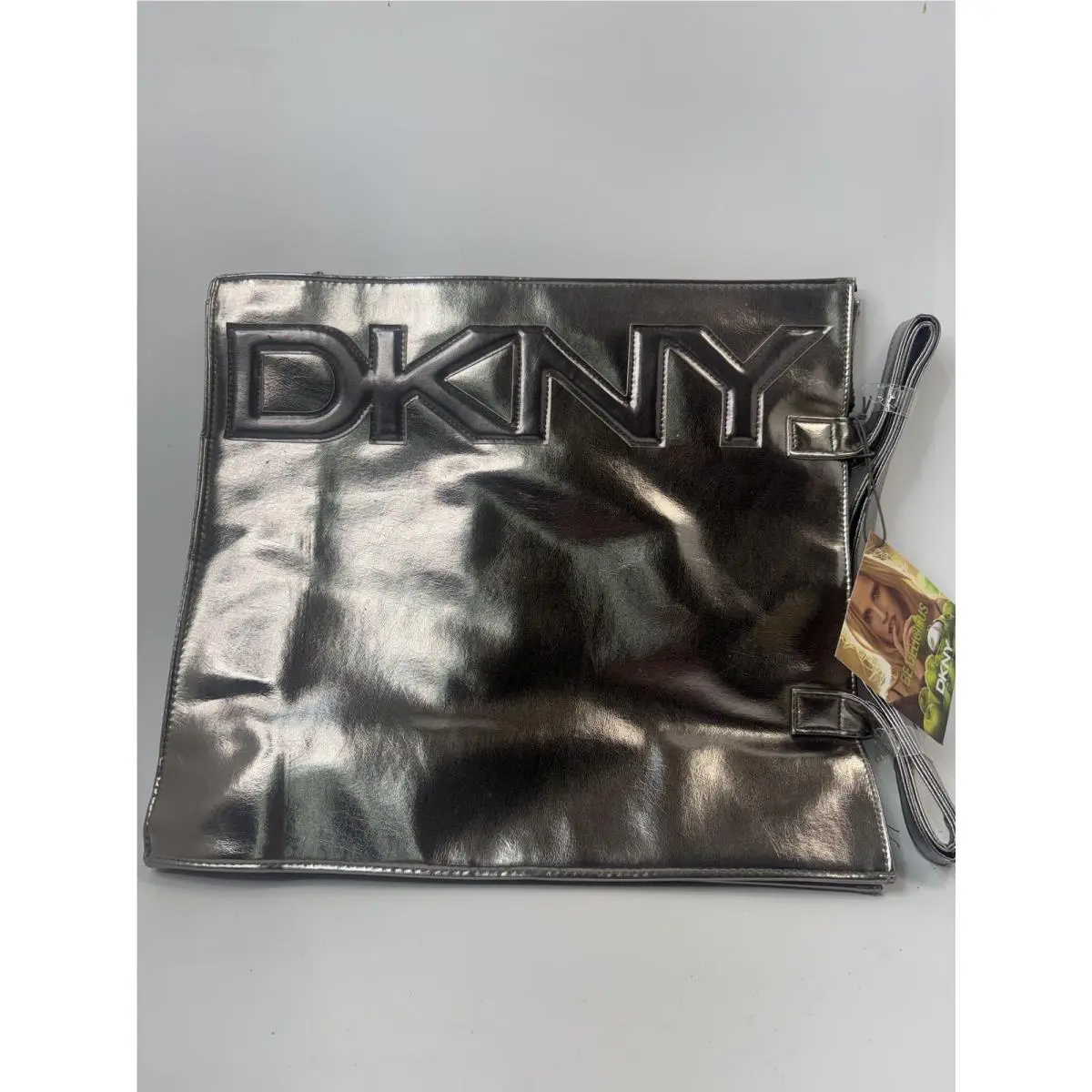 Dkny Metallic Silver Tote Bag with Snap Closure Interior Pocket