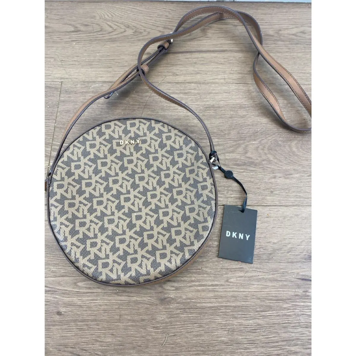 Dkny Round Brown Leather Logo Printed Crossbody Bag Shoulder Pu WCP040440