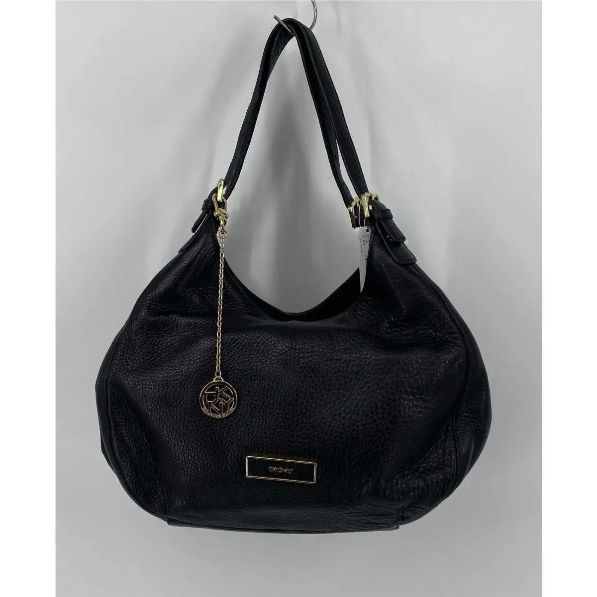 Dkny Black Leather Shoulder Bag Gold Chain Detail Medium Tote Purse