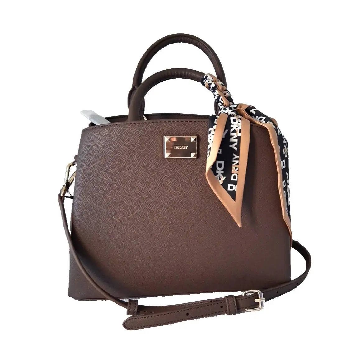 Dkny Paige Medium Satchel Crossbody Purse W/scarf Handles Brown