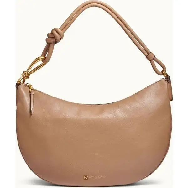 Donna Karan Roslyn Leather Hobo Cross Body Bag Fawn Tan Gold