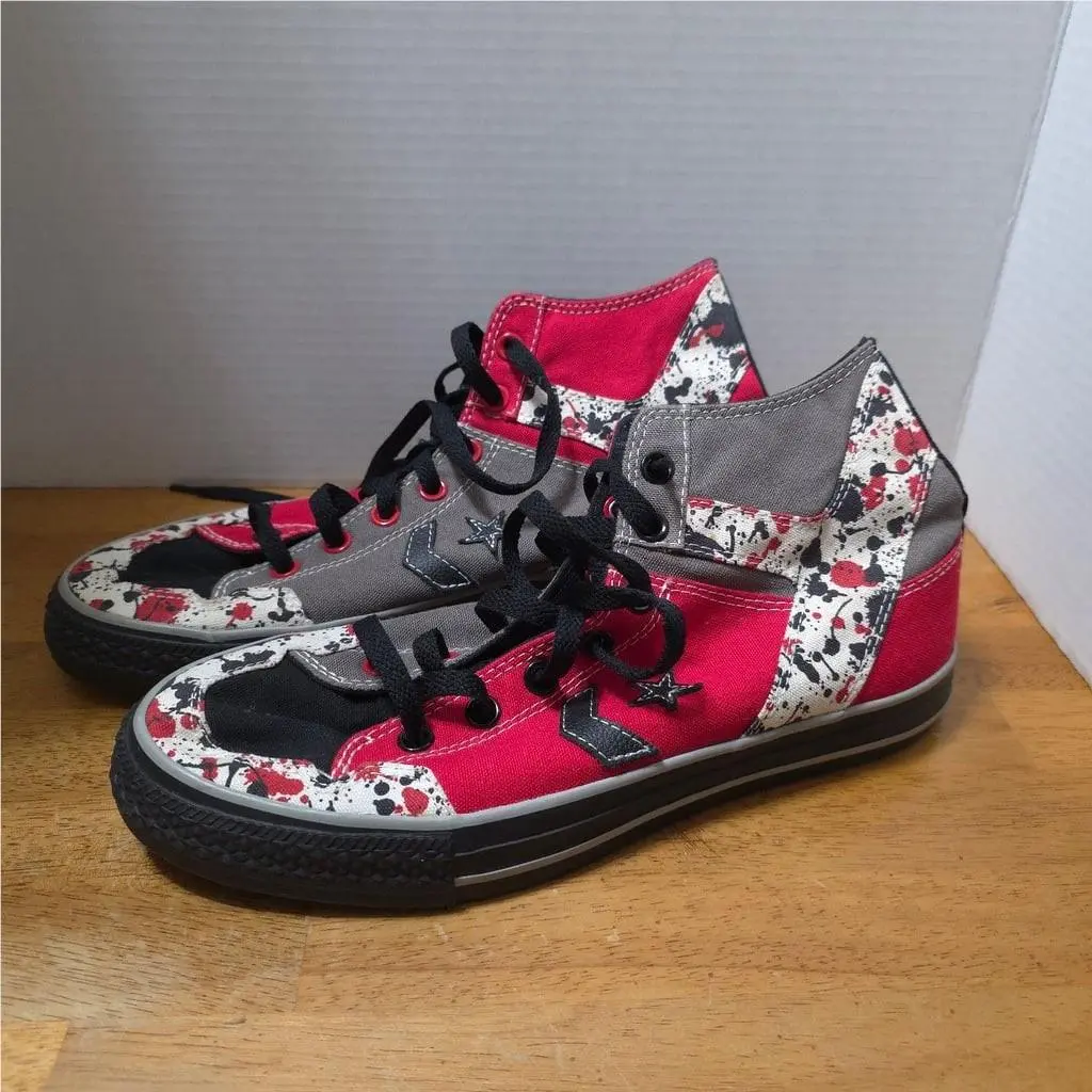 Converse All Star Chuck Taylor High Top Sneakers Red Grey Black Paint Splatter