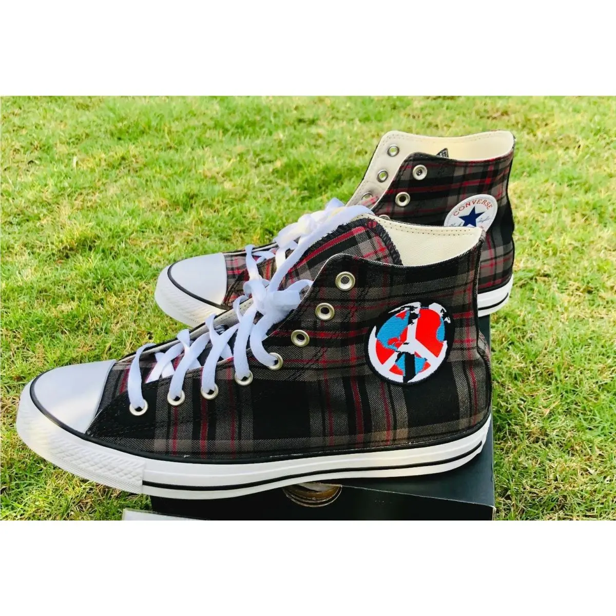 Converse All Star Ctas Hi Shoe Brown Grey White Plaid Earth Worldpeace Sign 11.5