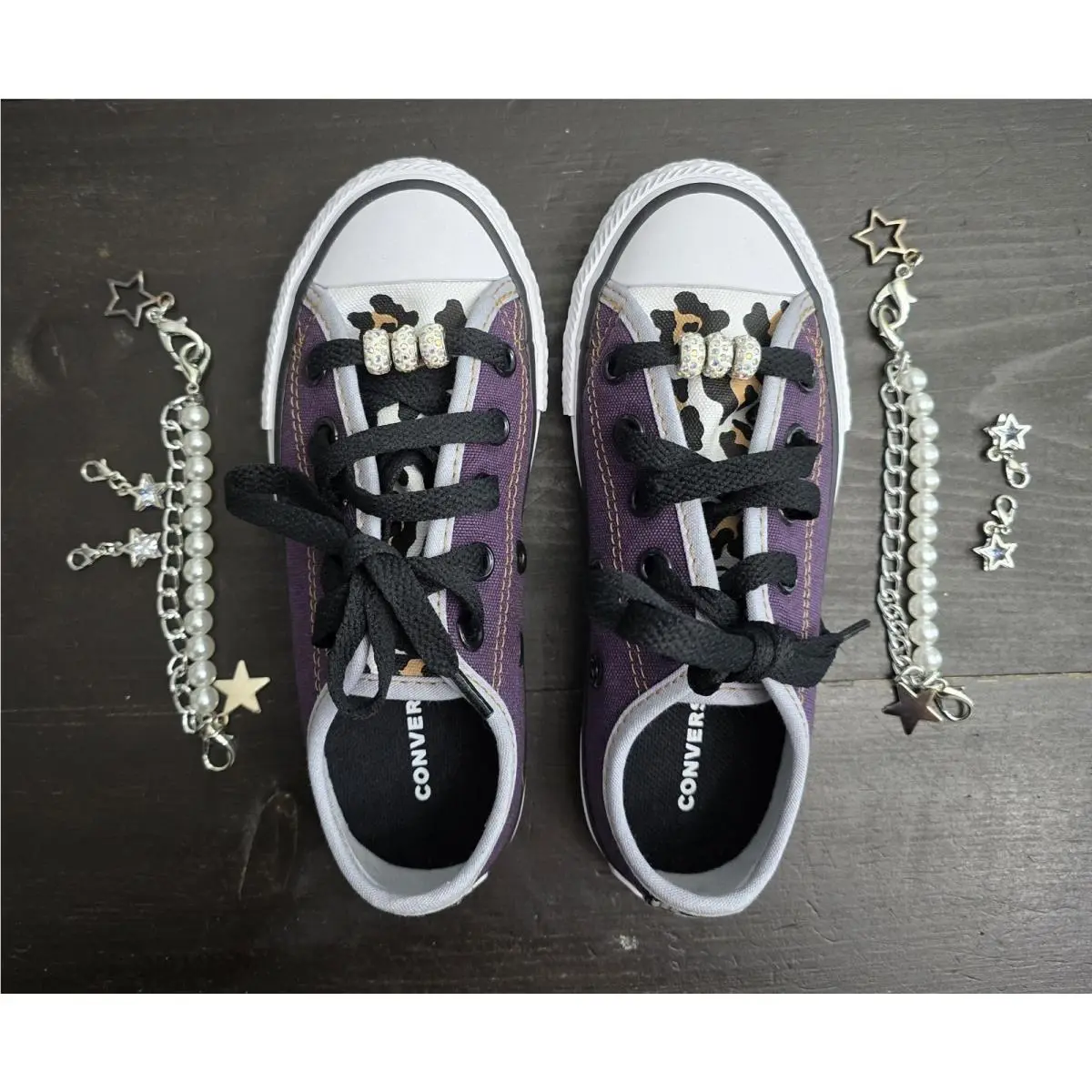 Converse Chuck Taylor All Star Low Top Purple Leopard with Charms Size 10.5 Kids