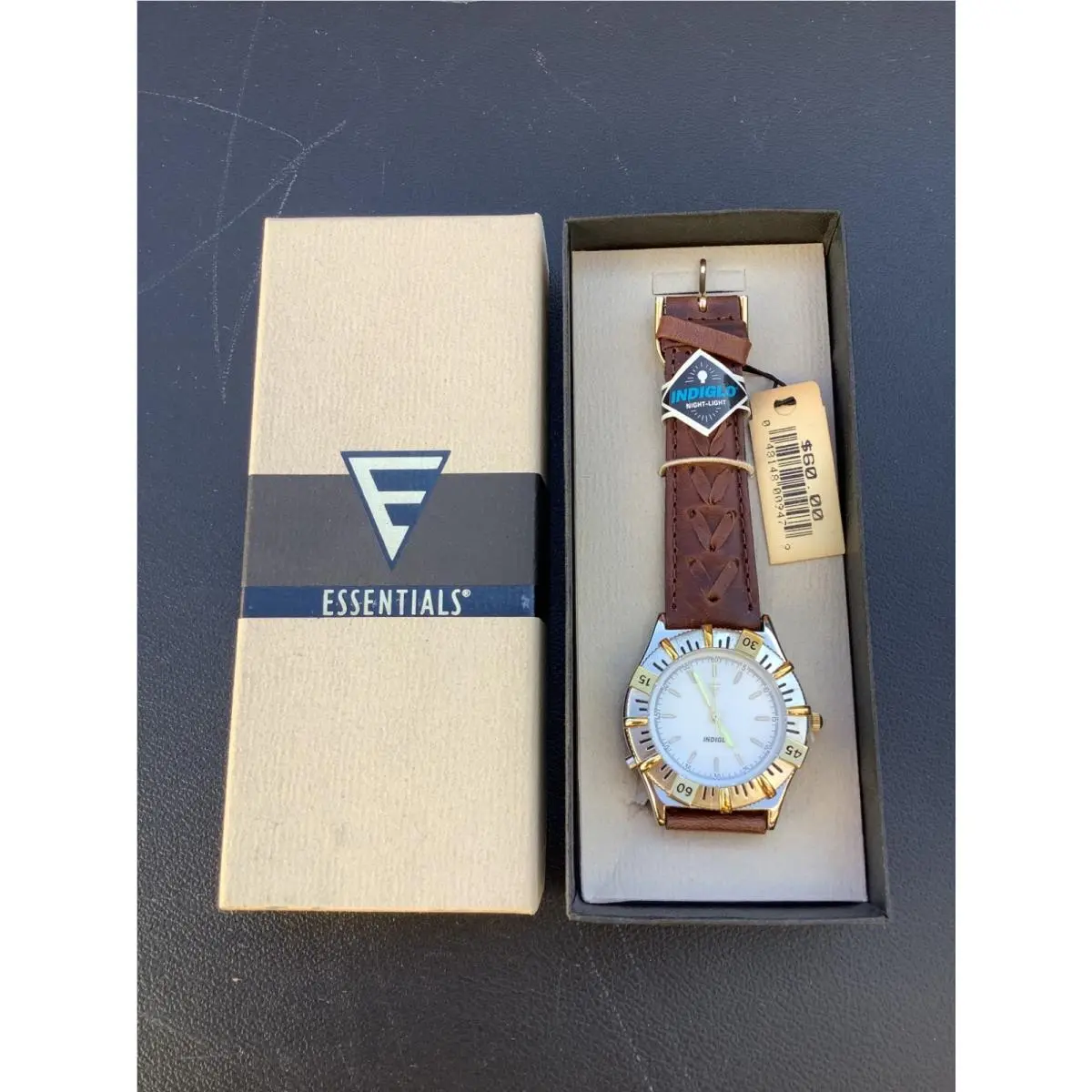 Vtg Timex Essentials Indiglo Watch 1990s Two Tone 30m Brown Leather Nos