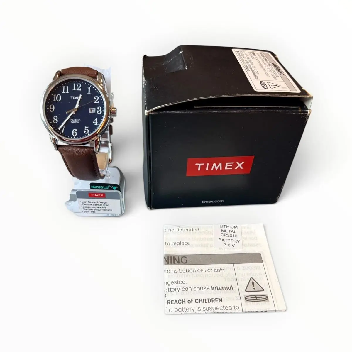 Timex Easy Reader Watch OS Blue Brown Leather Indiglo Date TW2P75900 9J