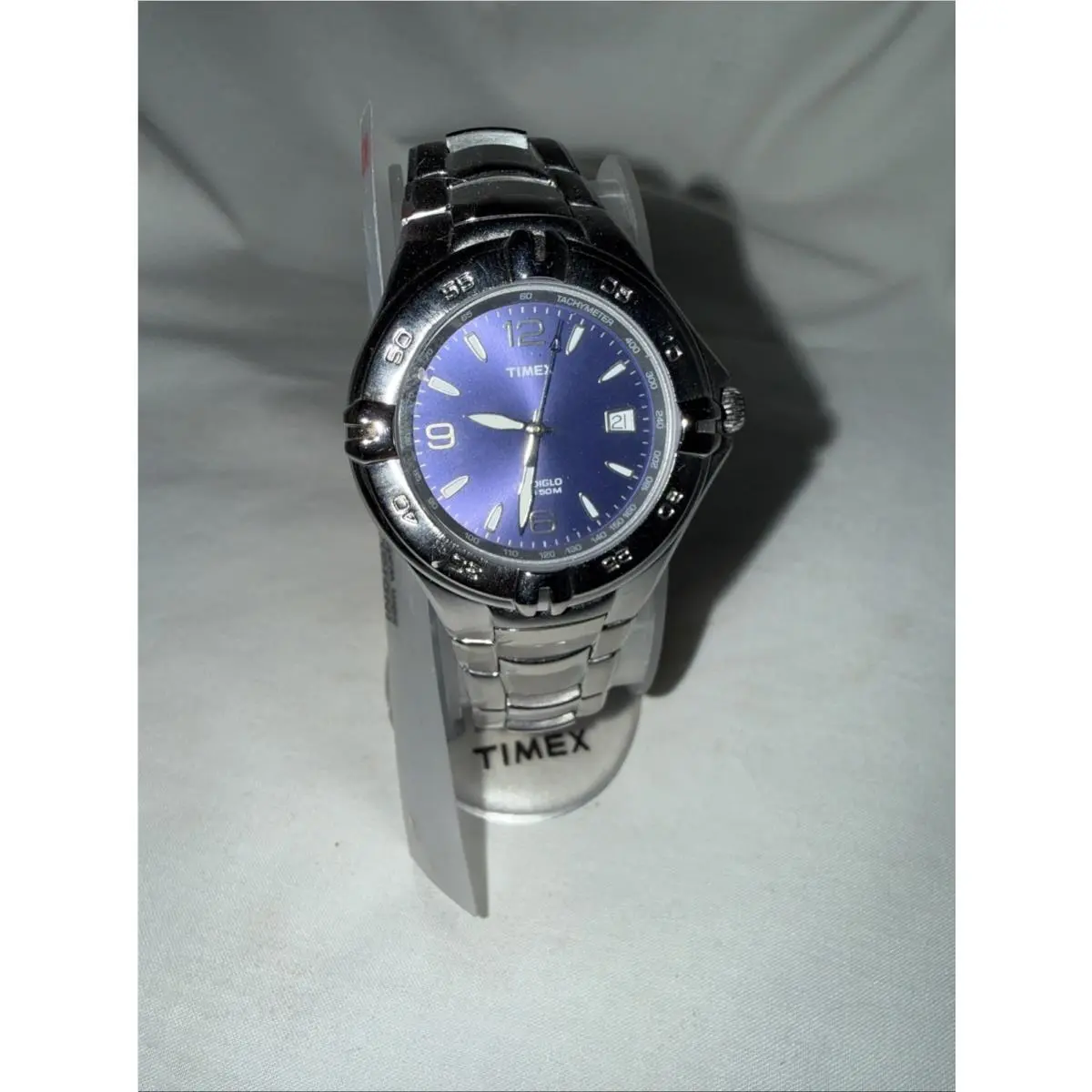 Timex Watch Men Indiglo 38mm Silver Tone Date Blue Dial Vintage