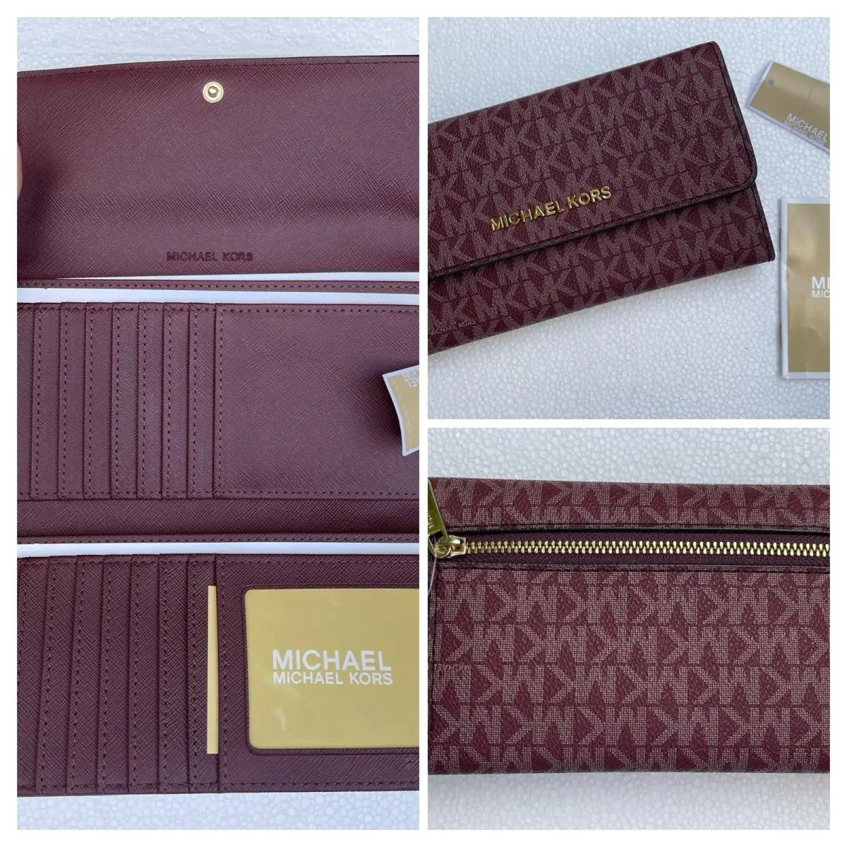 Michael Kors Jet Set Large Trifold Wallet Signature Logo Merlot Burgundy